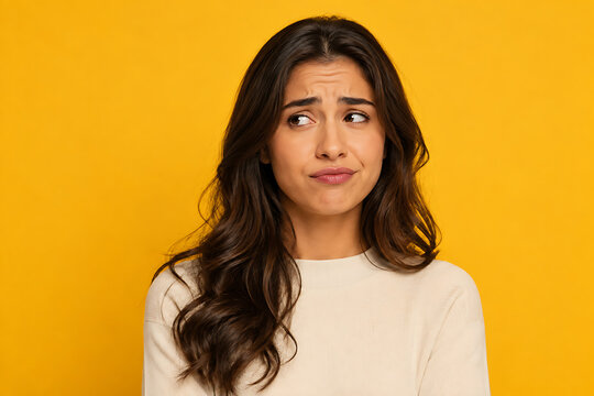 Skeptical Young Woman with Doubtful Expression Looking Sideways on Yellow Studio Background