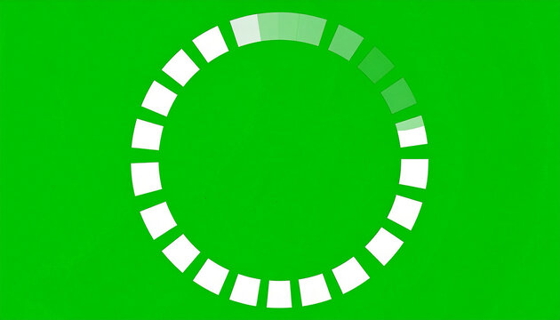 Animated loading circle icon with fading squares on a vibrant green screen background, representing progress and waiting in digital interfaces