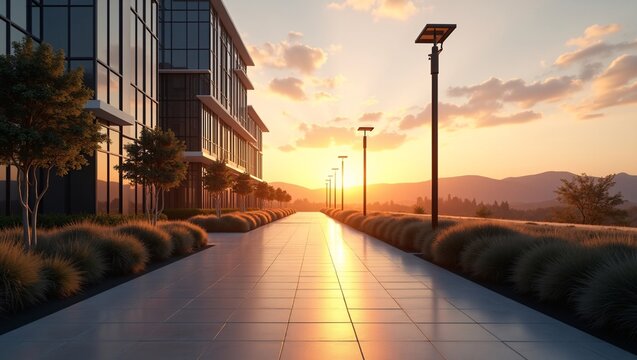 Modern glass office building, long tiled pedestrian walkway, solar street lamps, ornamental grasses and young trees, sunset golden glow, distant rolling mountains, warm cloudy sky, perspective vanishi