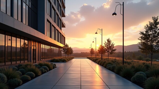 Modern office building, wide tiled pedestrian pathway, vintage‑style street lamps, neatly trimmed shrubs and ornamental grasses, young deciduous trees, sunset golden hour light, distant mountain range