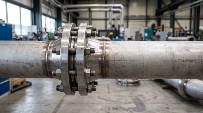Industrial steel pipe flange connection in manufacturing factory workshop.