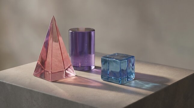 Translucent geometric shapes casting colorful light shadows on a surface.
