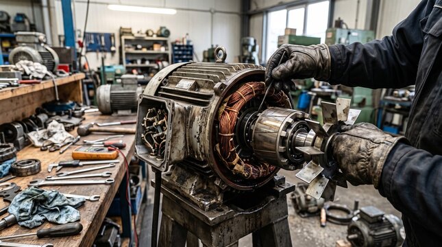 Electric motor repair in professional mechanical workshop environment.