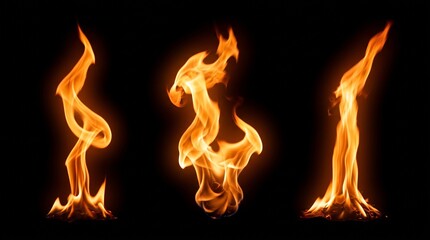 Fototapeta premium Three orange fire flames isolated on black background with combustion pyrolysis ignition burning energy danger blaze heat hot
