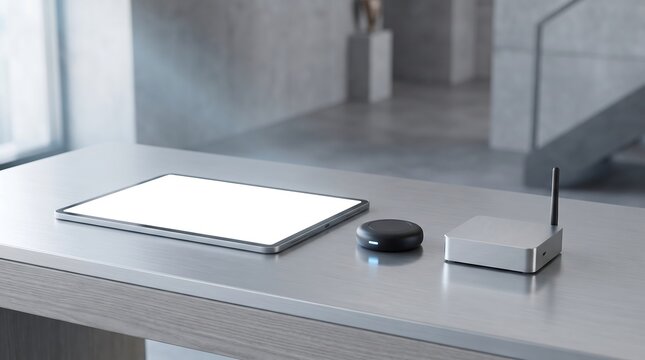 Modern workspace with tablet and wireless router on a desk.