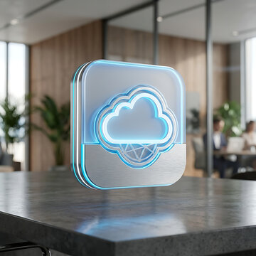 A sleek, stylish cloud storage icon displayed on a reflective glass surface in a minimalist office setting