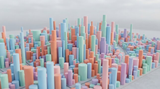 Abstract 3d render of a colorful pastel city skyline with modern skyscrapers and soft lighting effects