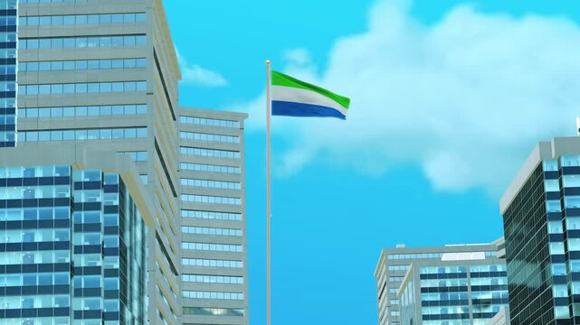 Sierra Leone Flag 3D Render Animation with Urban Architecture and Clear Blue Sky