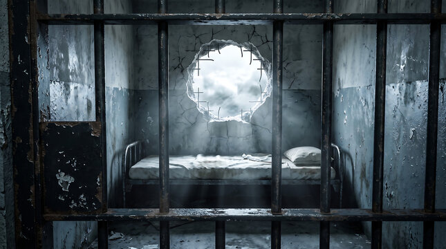 Dark and grimy prison cell with iron bars and a single bed illuminated by sunbeams through round window concrete interior confinement detention incarceration