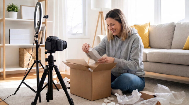 Female blogger unboxing a package and recording a video on camera at home