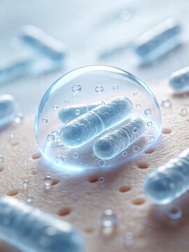 Skin microbiome bacteria inside transparent bubble on human skin surface