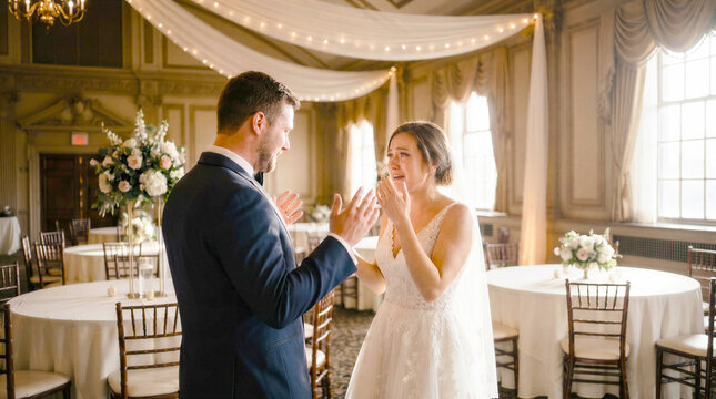 Bride and groom having a tense argument before their wedding ceremony