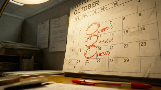 Wall calendar with circled missed deadlines in an office or workspace