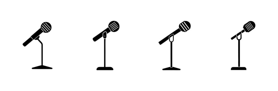 microphone icons on stands illustrated in simple black and white line art style