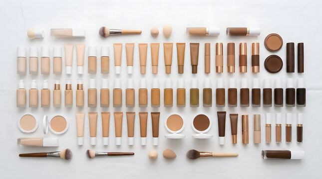 Flat lay collection of various makeup and beauty products.