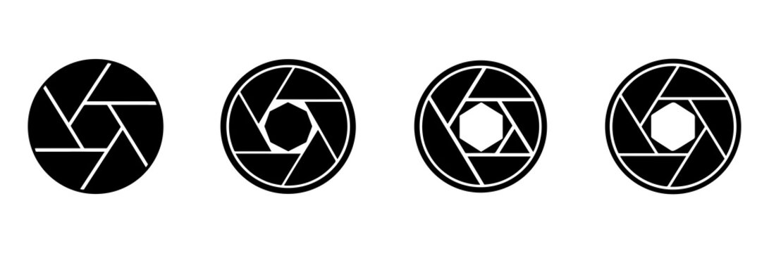 camera shutter speed aperture graphic icons with geometric design elements in white and black