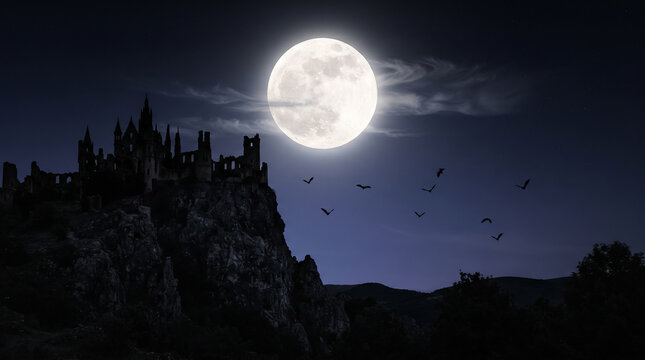 Gothic Castle Full Moon Bats Night