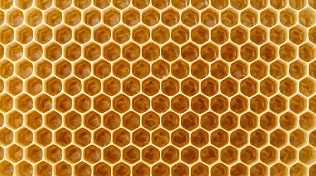 Natural golden honeycomb texture background with repeating hexagonal wax cells filled with sweet organic honey for healthy nutrition and sweet food production
