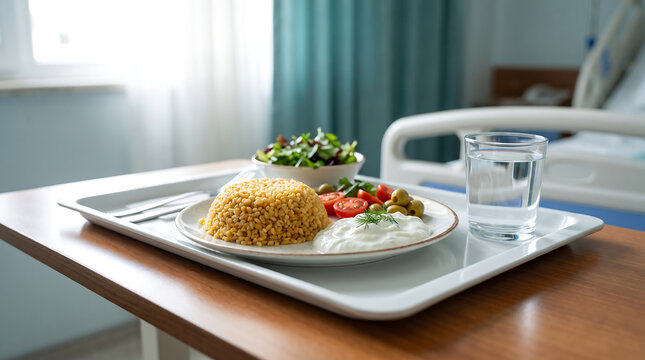 Hospital patient meal tray with rice salad and glass of water in medical ward hospital healthcare recovery facility nourishment treatment interior appetizer
