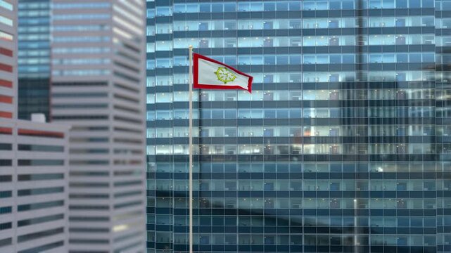 Sikkim Flag 3D Render Animation Waving Against Glass Office Building - Daylight Scene