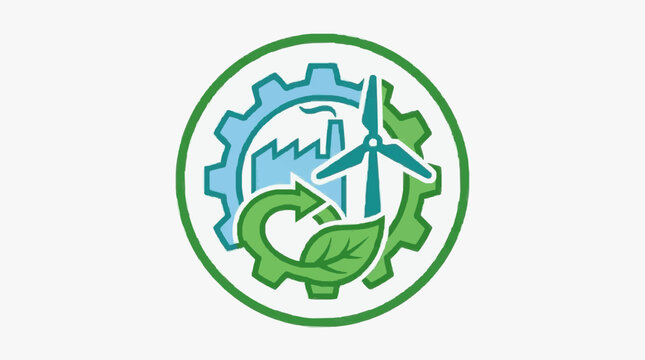 Elegant Green and Blue Circular Logo Featuring Gear Wind Turbine Leaf and Circular Arrow for Sustainable Energy and Innovation