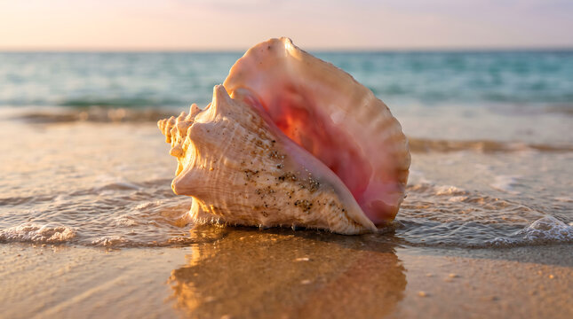 Close-up of pink conch seashell placed on wet sand at beach shoreline with gentle ocean waves in background seashell tropical vacation seashore sunlight beautiful