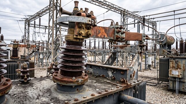Electrical substation equipment with high voltage power transformer components.