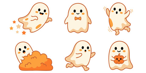 Obraz premium Cute Halloween Ghost Character Vector Sticker Set with Playful Ghost Emoticons and Spooky Cartoon Mascot Icons