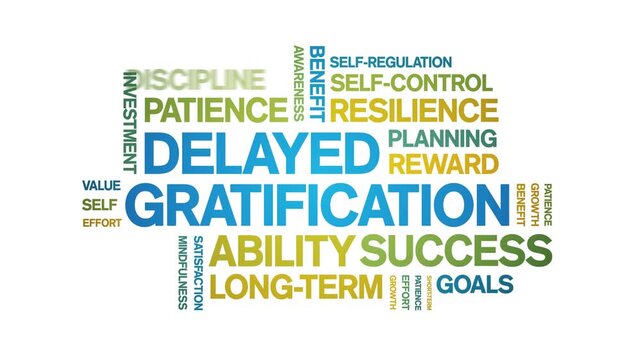 Delayed Gratification animated word cloud-text design animation tag kinetic typography seamless loop.