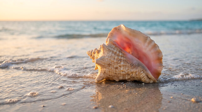 Beautiful queen conch shell on beach sand with soft waves in background under warm sunset light tropical coastal scene high quality nature photography for wallpaper.