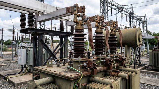 High voltage electrical substation equipment with industrial power transformers.