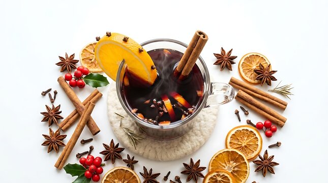 Mulled wine in a glass mug with cinnamon sticks, star anise, orange slices, and cloves, isolated on white background