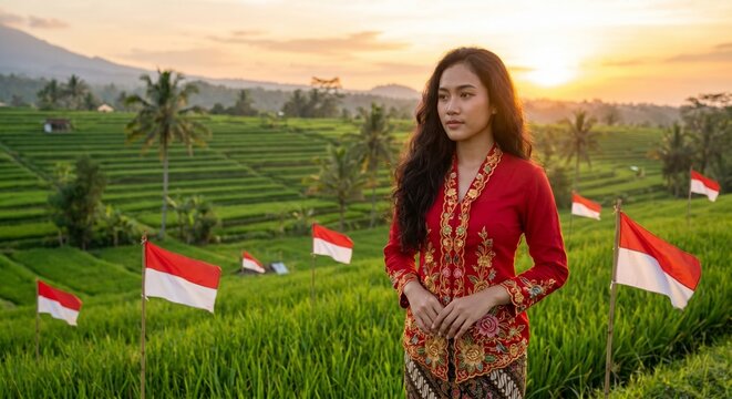 Indonesian woman in traditional Indonesia attire or kebaya standing in rice field full of Indonesia flag at sunset