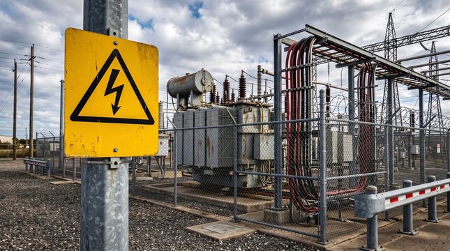 High voltage warning sign at an electrical power substation.