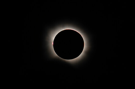 Telephoto view of total solar eclipse totality showing bright solar corona and red prominences isolated on dark space background