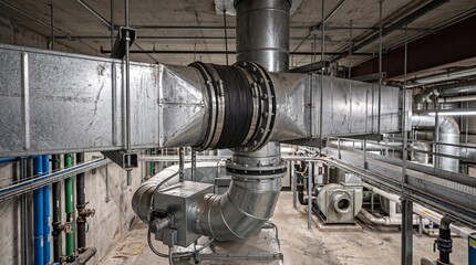 Naklejka premium Industrial HVAC ventilation ductwork system in commercial building basement.