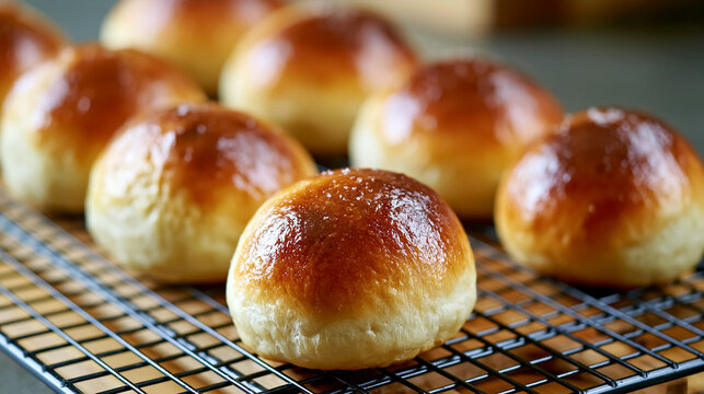 Golden brown baked brioche buns cooling on a wire rack, fresh out of the oven, homemade yeast rolls for dinner