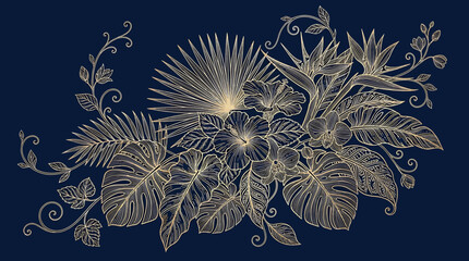 Tropical floral arrangement with exotic plants and flowers in gold line art style © Saharia