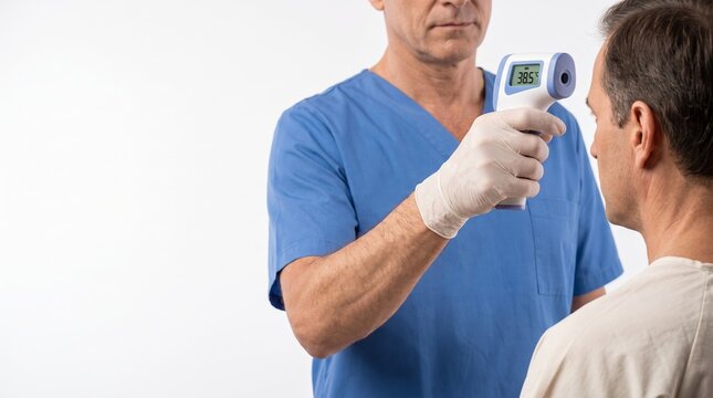 Professional doctor examining patient using a non-contact digital thermometer for health screening in a medical clinic
