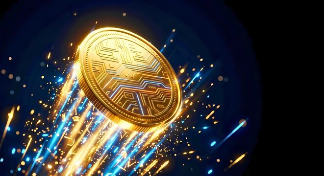 Gold coin with circuit lines and sparks on dark background