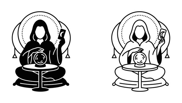 Mystic Seer: A cloaked figure sits cross-legged before a crystal ball and tarot cards, embodying the mystique of divination and future prediction.
