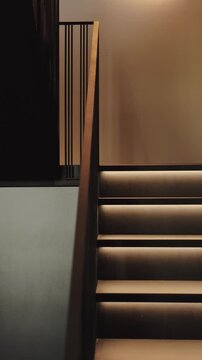 Vertical video. Modern interior staircase with illuminated steps and a sleek metal handrail.