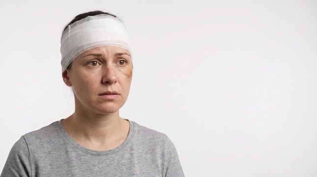 Young woman with head bandage and bruised face looking sad and worried, victim of domestic violence or accident, medical injury concept