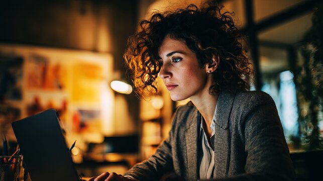 Focused young woman with curly brown hair works on her laptop computer wearing a professional grey blazer in dim lighting