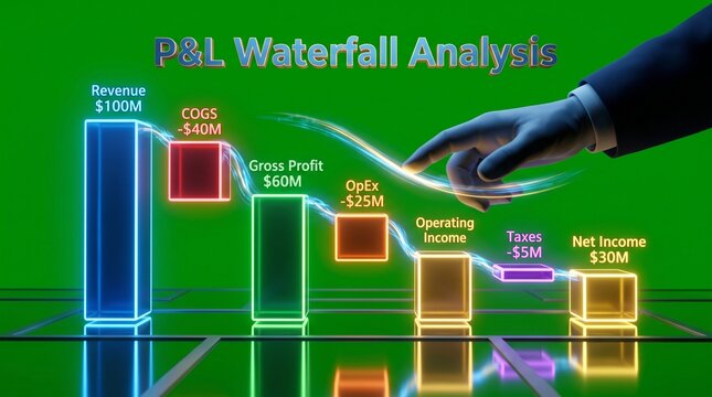 Hand touching 3D P&L waterfall chart for financial business performance analysis