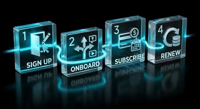 Onboarding and subscription steps as glossy 3D dark blocks