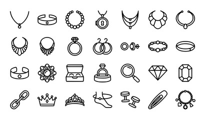 Fototapeta premium Jewelry and accessories line art icons set featuring necklaces rings diamonds and crowns necklace accessory gemstone earrings bracelet precious cufflinks magnifier brilliant shopping