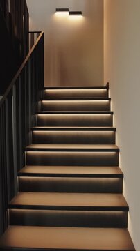 Vertical video. Warm LED lights turn on along staircase steps, highlighting modern interior design.
