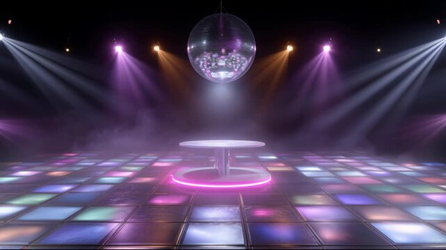 Vibrant, empty dance floor with a spinning disco ball, flashing lights, and a glowing table