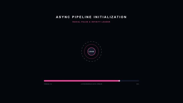 Asynchronous data pipeline initialization loading screen with radial pulse and glowing progress bar for dark mode cyber dashboard UI element template